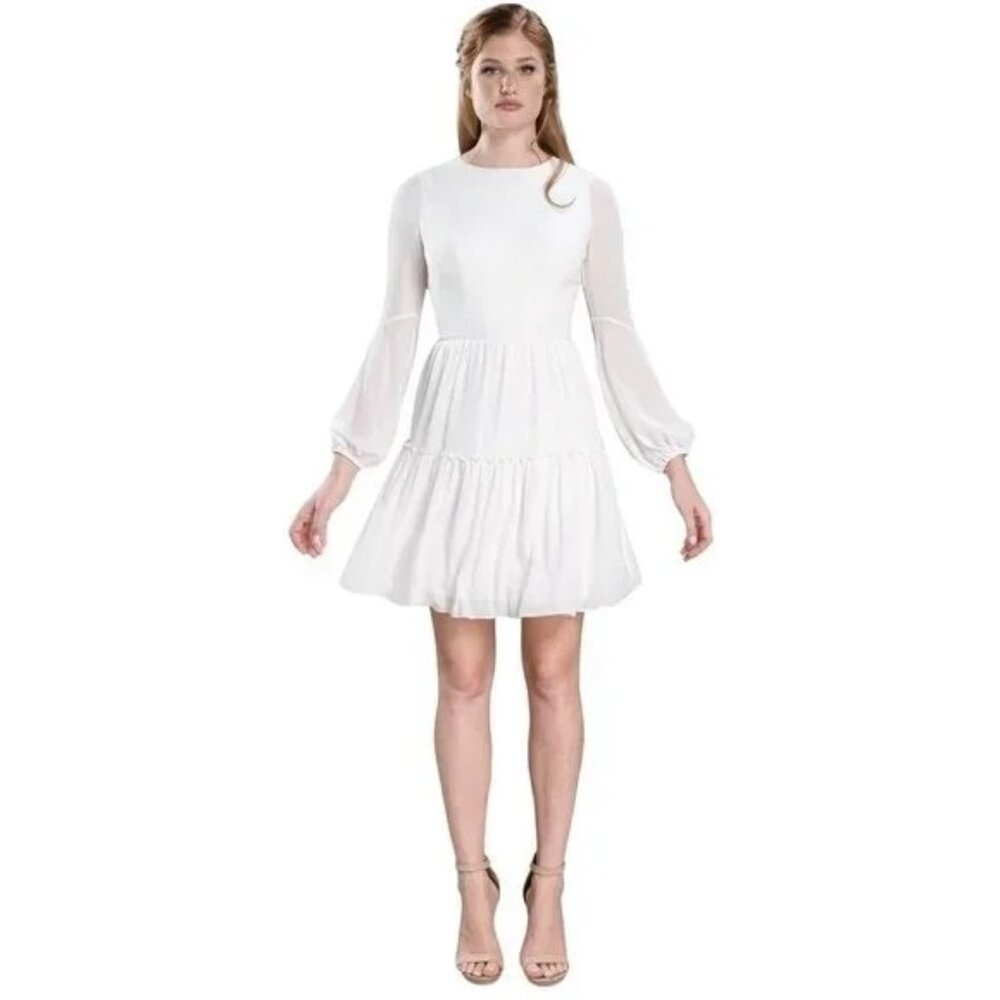 Dress The Population Mini Dress Women White Open Back Long Sleeve Tiered Skirt L
